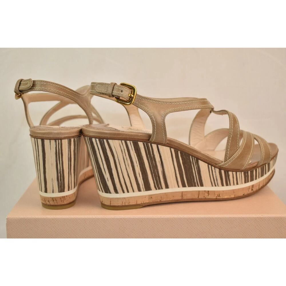 NIB PRADA 1XZ219 BEIGE BROWN WOODEN LEATHER WEDGE PLATFORM SANDALS 40.5 ITALY - Picture 4 of 8